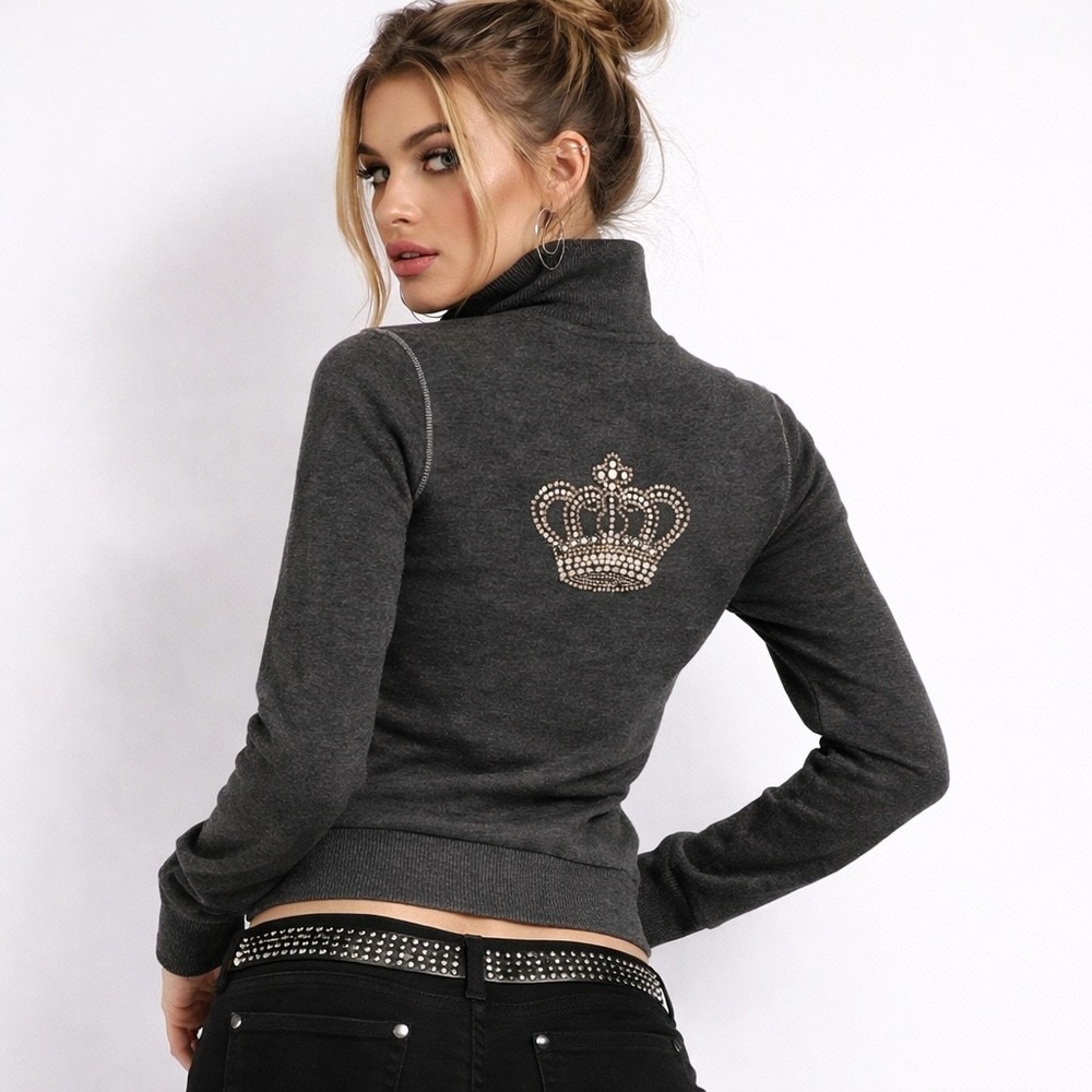 Twisted Heart Bling Sweatshirt Womens M Full Zip Crown Rhinestone Y2K Baddie